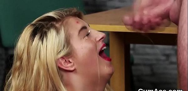  Sexy centerfold gets cum load on her face eating all the love juice